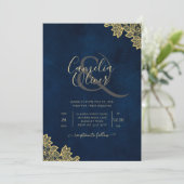 Gold Lace Navy Blue All-in-1 Wedding nodigt QR Co Kaart (Staand voorkant)