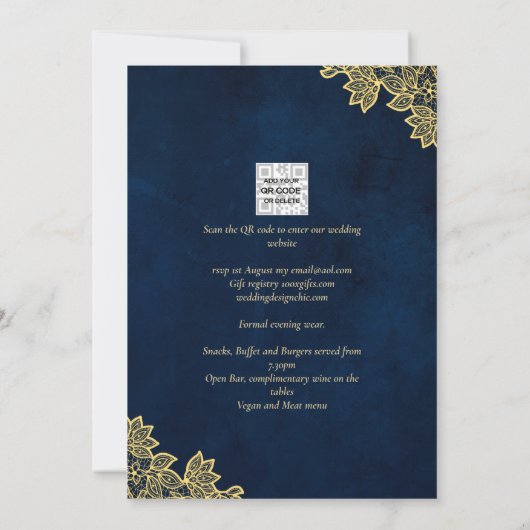 Gold Lace Navy Blue All-in-1 Wedding nodigt QR Co Kaart (Achterkant)