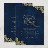Gold Lace Navy Blue All-in-1 Wedding nodigt QR Co Kaart (Voorkant / Achterkant)