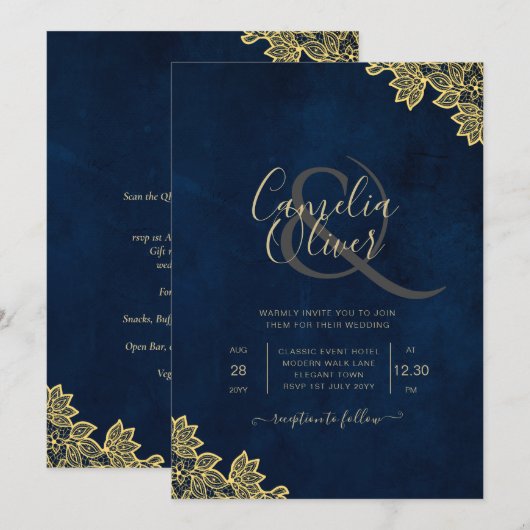Gold Lace Navy Blue All-in-1 Wedding nodigt QR Co Kaart (Voorkant / Achterkant)