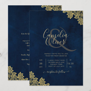 Gold Lace Navy Blue All-in-1 Wedding nodigt QR Co Kaart