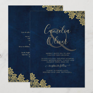 Gold Lace Navy Blue All-in-1 Wedding nodigt QR Co Kaart