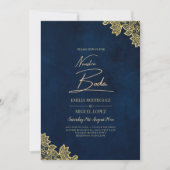 Gold Lace Navy Blue All-in-1 Wedding nodigt QR Co Kaart (Voorkant)