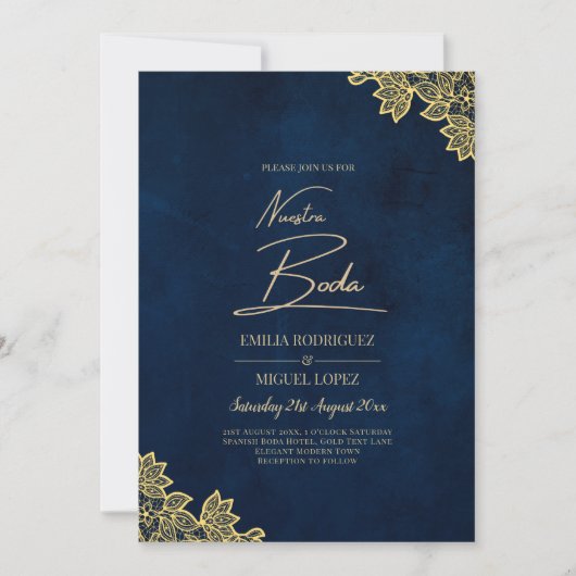 Gold Lace Navy Blue All-in-1 Wedding nodigt QR Co Kaart (Voorkant)