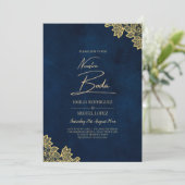 Gold Lace Navy Blue All-in-1 Wedding nodigt QR Co Kaart (Staand voorkant)