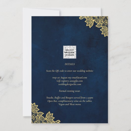 Gold Lace Navy Blue All-in-1 Wedding nodigt QR Co Kaart (Achterkant)