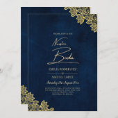 Gold Lace Navy Blue All-in-1 Wedding nodigt QR Co Kaart (Voorkant / Achterkant)