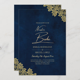 Gold Lace Navy Blue All-in-1 Wedding nodigt QR Co Kaart