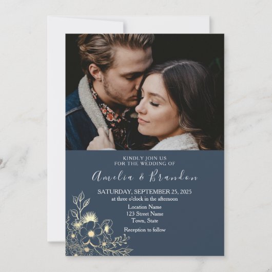 Gold Lace Navy Blue Wedding Invitation Kaart (Voorkant)