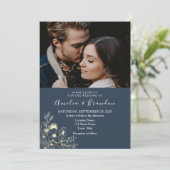 Gold Lace Navy Blue Wedding Invitation Kaart (Staand voorkant)