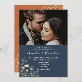 Gold Lace Navy Blue Wedding Invitation Kaart