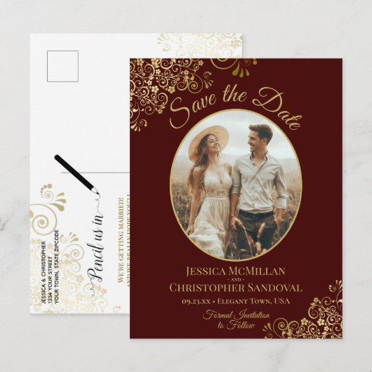 Gold Lace op Auburn Wedding Save the Date Photo Aankondigingskaart (Voorkant / Achterkant)