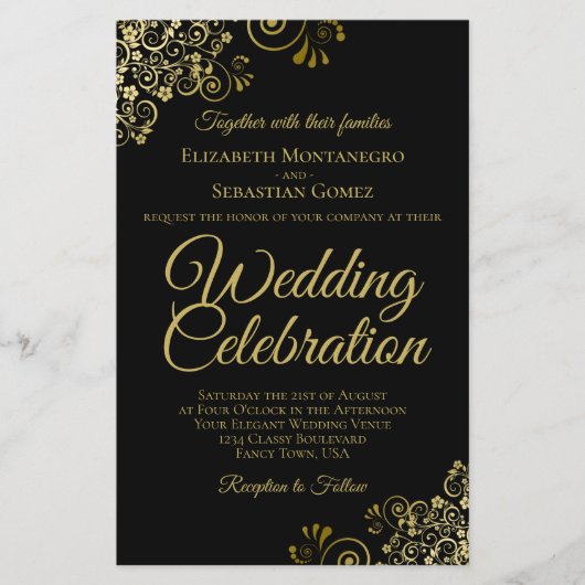 Gold Lace op Black BUDGET Weddenschap Grote uitnod (Voorkant)