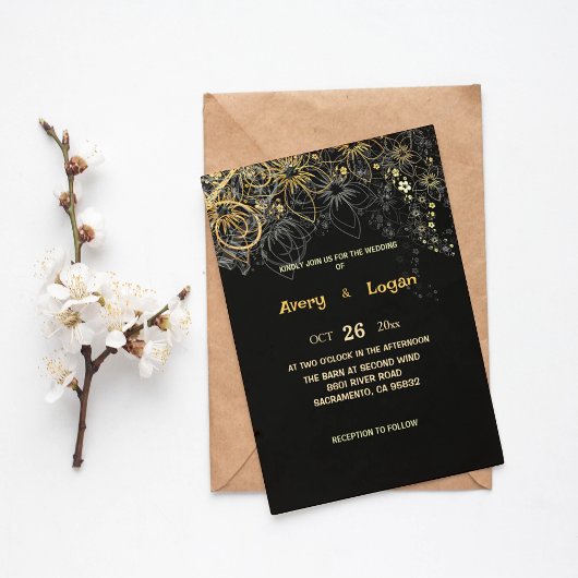 Gold Lace op Black Chic Wedding Invitation Kaart