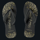 Gold Lace op Black Elegant Maid of Honor Wedding Teenslippers<br><div class="desc">Deze mooie bruiloft teenslippers zijn een geweldige manier om je meid van eer te bedanken en te herkennen en tegelijkertijd haar voeten te redden. Biedt een elegant ontwerp met gouden zijkanten op een zwarte achtergrond en fancy gouden scriptletters. De test leest Maid of Honor met haar naam hieronder. Een geweldige...</div>