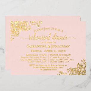 Gold Lace op Blush Pink Wedding Rehearsal Dinner Folie Uitnodiging