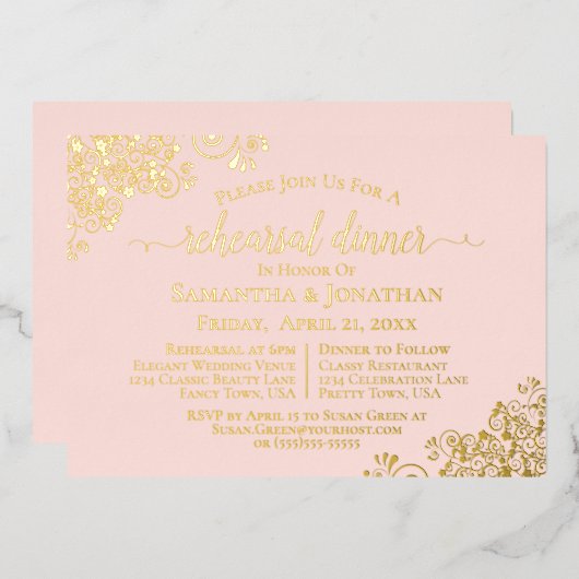Gold Lace op Blush Pink Wedding Rehearsal Dinner Folie Uitnodiging (Voorkant / Achterkant)