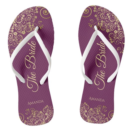 Gold Lace op Cassis Paars The Bride Wedding Teenslippers (Voetbed)