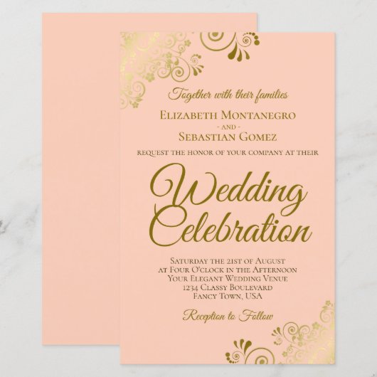 Gold Lace op Coral BUDGET Weddenschap Grote uitnod (Voorkant / Achterkant)