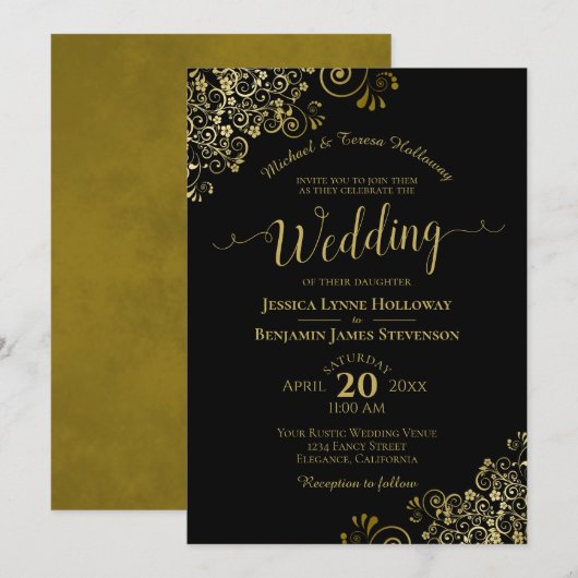 Gold Lace op het klassieke zwarte Elegant-huwelijk Kaart (Voorkant / Achterkant)
