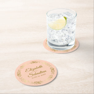 Gold Lace op koraalpap Elegant Wedding Ronde Kartonnen Onderzetter