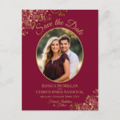 Gold Lace op maroon Wedding Save the Date Photo Aankondigingskaart (Voorkant)