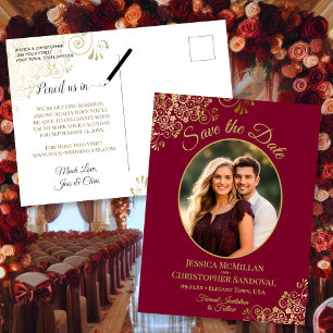 Gold Lace op maroon Wedding Save the Date Photo Aankondigingskaart