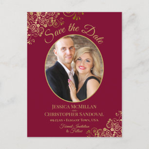 Gold Lace op maroon Wedding Save the Date Photo Aankondigingskaart