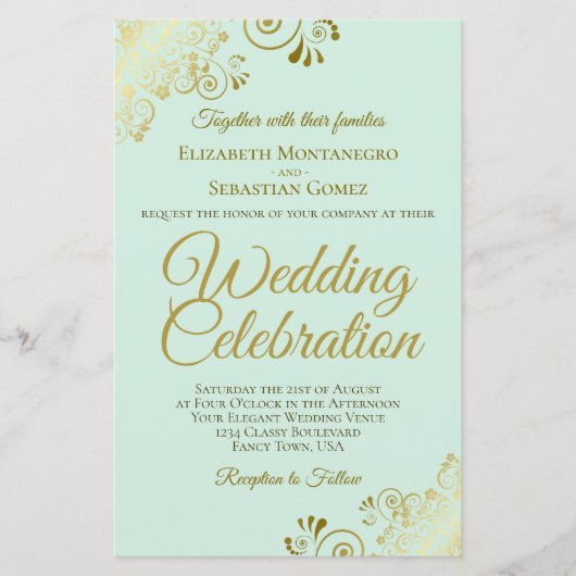 Gold Lace op Mint BUDGET Weddenschap Grote uitnodi (Voorkant)