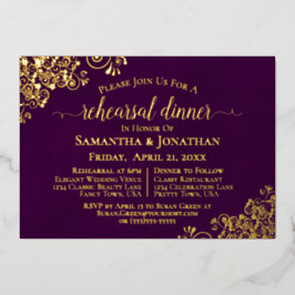 Gold Lace op Plum Paars Wedding Rehearsal Dinner Folie Uitnodiging