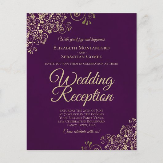 Gold Lace op Plum Wedding Reception BUDGET Invite (Voorkant)