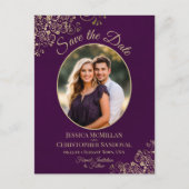 Gold Lace op Plum Wedding Save the Date Oval Photo Aankondigingskaart (Voorkant)
