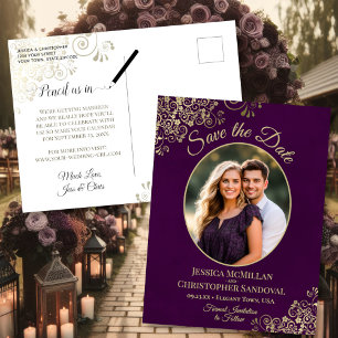Gold Lace op Plum Wedding Save the Date Oval Photo Aankondigingskaart