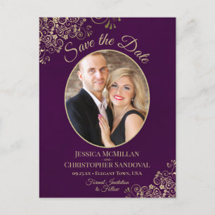 Gold Lace op Plum Wedding Save the Date Oval Photo Aankondigingskaart