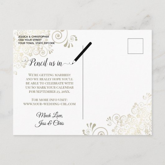 Gold Lace op Plum Wedding Save the Date Oval Photo Aankondigingskaart (Achterkant)