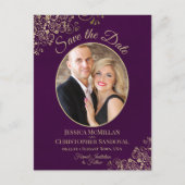 Gold Lace op Plum Wedding Save the Date Oval Photo Aankondigingskaart (Voorkant)