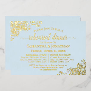 Gold Lace op Powder Blue Wedding Rehearsal Dinner Folie Uitnodiging