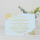Gold Lace op Powder Blue Wedding Rehearsal Dinner Folie Uitnodiging (Staand Voorkant)