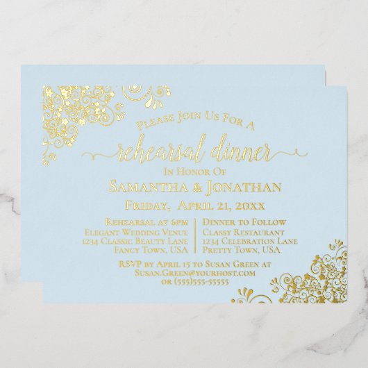Gold Lace op Powder Blue Wedding Rehearsal Dinner Folie Uitnodiging (Voorkant / Achterkant)