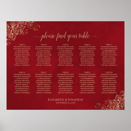 Gold Lace op Red 10 Table Wedding Seating Chart Poster (Voorkant)