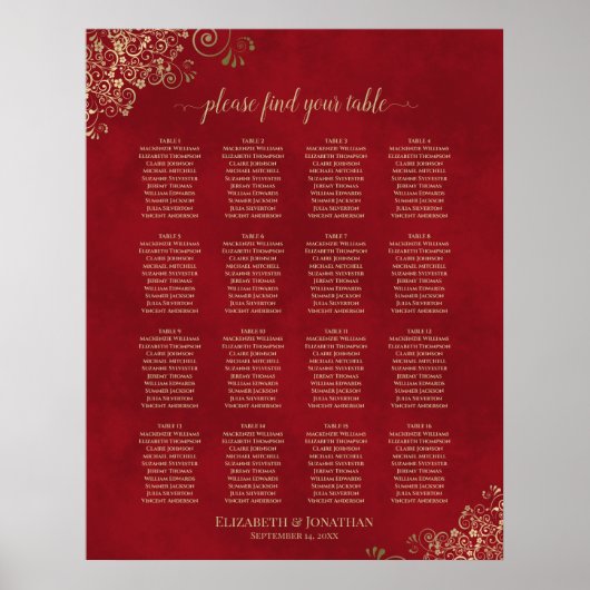 Gold Lace op Red 16 Table Wedding Seating Chart Poster (Voorkant)