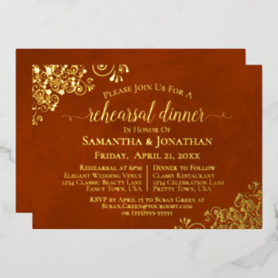 Gold Lace op Rust Oranje Wedding Rehearsal Dinner Folie Uitnodiging