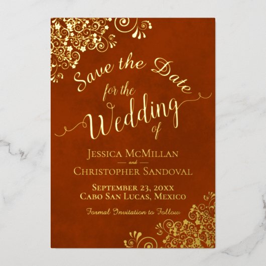Gold Lace op Rust Oranje Wedding Save the Date Folie Uitnodiging (Voorkant)