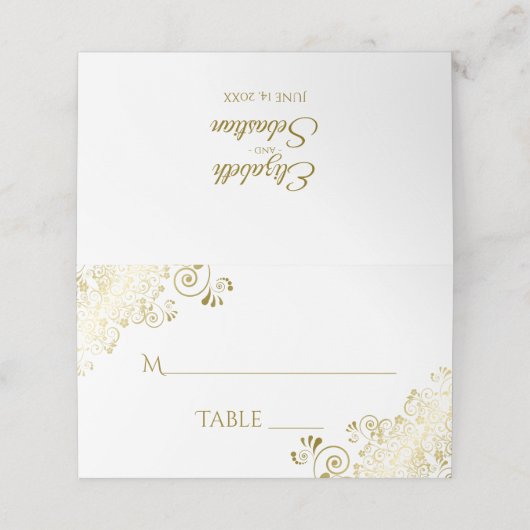 Gold Lace op White Elegant Wedding Write-In Place Plaatskaartje (Buitenkant ongevouwen)