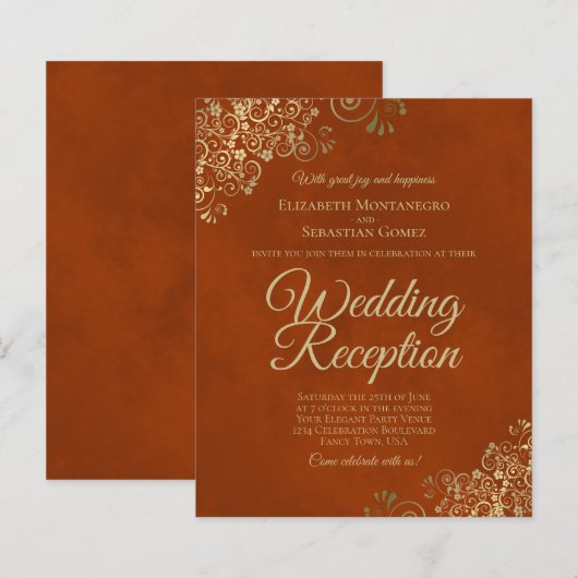 Gold Lace Oranje Wedding Reception BUDGET Invite (Voorkant / Achterkant)