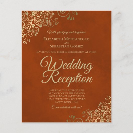 Gold Lace Oranje Wedding Reception BUDGET Invite (Voorkant)