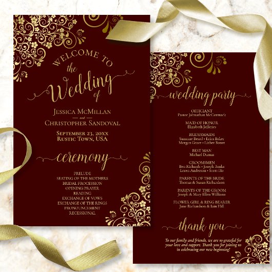 Gold Lace over Auburn Brown Budget Wedding Program