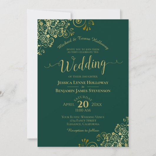 Gold Lace over Emerald Green Elegant Formal Weddin Kaart (Voorkant)