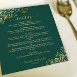 Gold Lace over het menu Groene budgetbruiloft in E<br><div class="desc">Deze mooie trouwmenu's zijn eenvoudig,  elegant en stijlvol,  maar zijn nog steeds budgetvriendelijk en betaalbaar. Ze hebben een stijlvol en glamoureus ontwerp met een gouden faux folielace en scriptkalligrafie op een groene achtergrond. De achterkant is een prachtige gemarmerde goudkleur.</div>