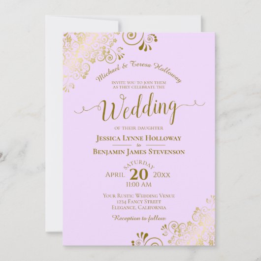 Gold Lace over Lila Paarse legante officiële bruil Kaart (Voorkant)